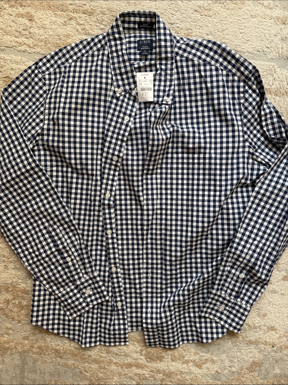 J. Crew Navy and White Gingham Button-Down Slim Fit Untucked Shirt - Size XL